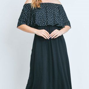 PRINTED OFF-SHOULDER SOLID HEM MIDI DRESS